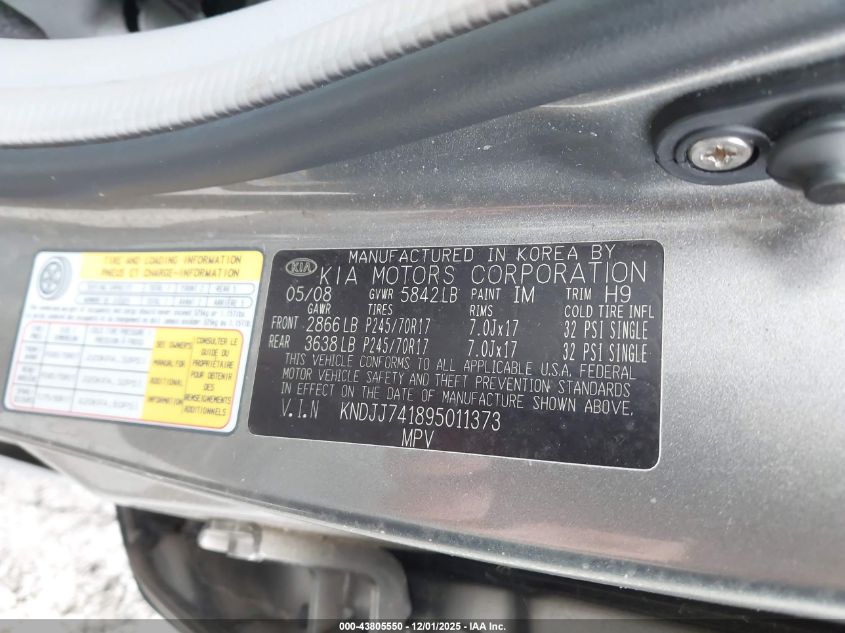 KNDJJ741895011373 2009 KIA MOHAVE (BORREGO) photo no. 9