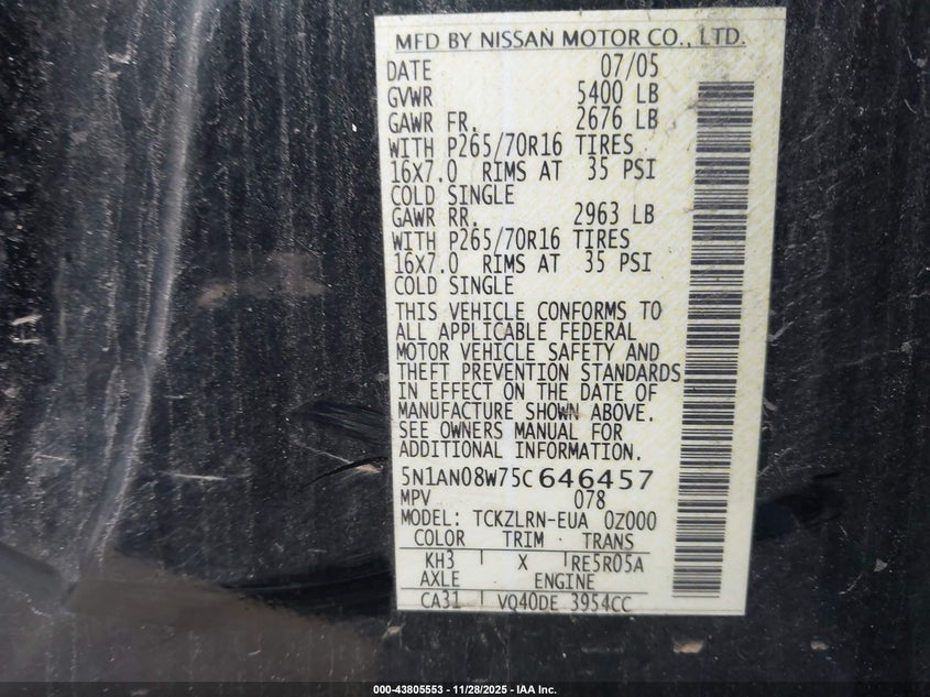 5N1AN08W75C646457 2005 NISSAN XTERRA photo no. 9