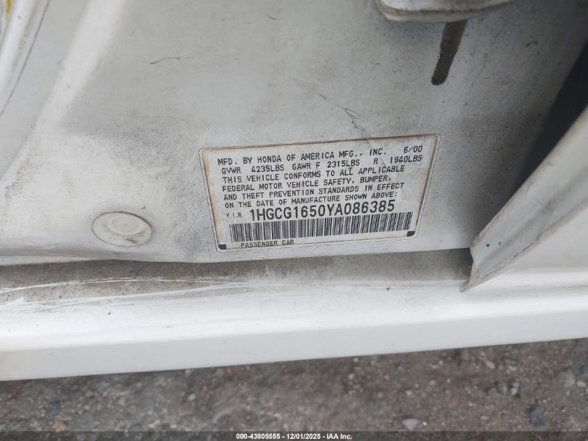 2000 Honda Accord 3.0 Ex VIN: 1HGCG1650YA086385 Lot: 43805555