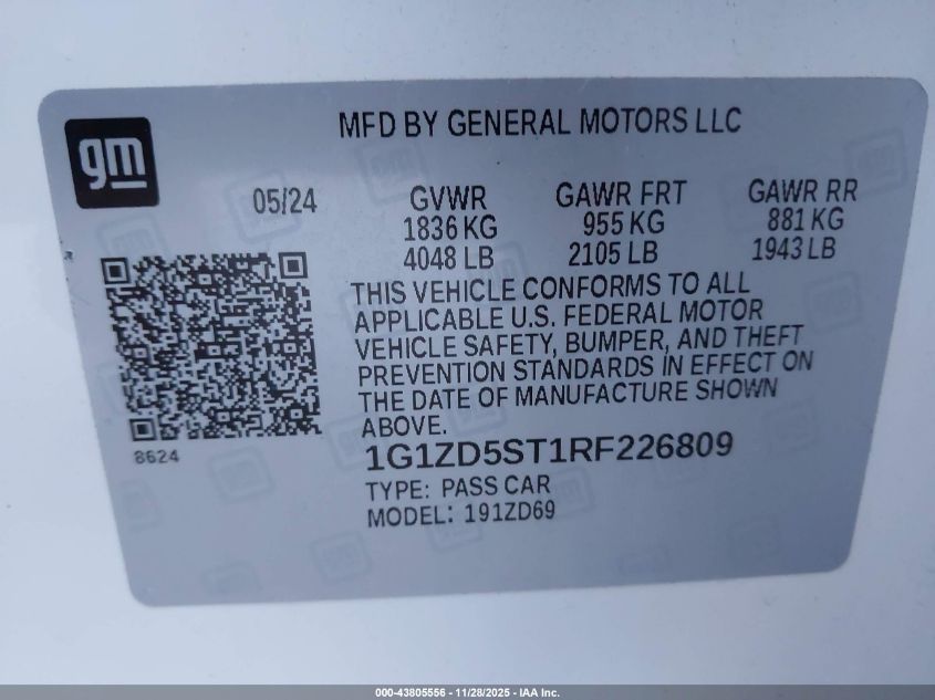 2024 Chevrolet Malibu Fwd 1Lt VIN: 1G1ZD5ST1RF226809 Lot: 43805556