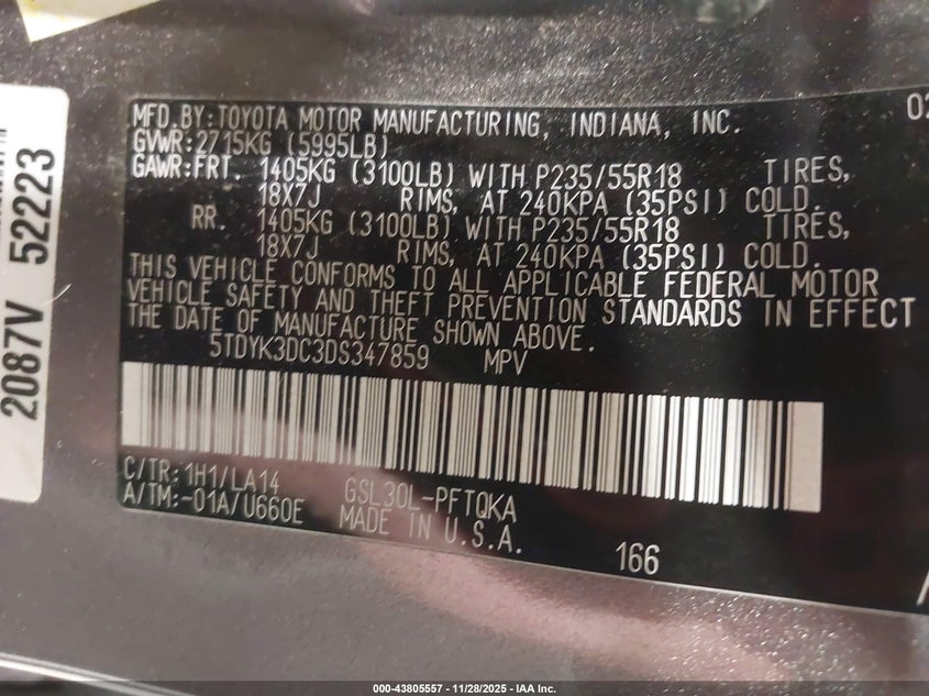 2013 Toyota Sienna Limited V6 7 Passenger VIN: 5TDYK3DC3DS347859 Lot: 43805557