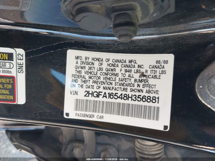 2008 Honda Civic Lx VIN: 2HGFA16548H356881 Lot: 43805560