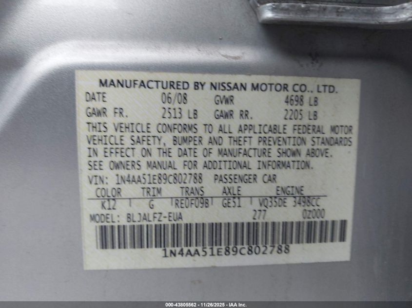 2009 Nissan Maxima 3.5 Sv VIN: 1N4AA51E89C802788 Lot: 43805562