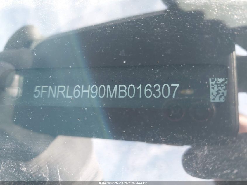 2021 Honda Odyssey Elite VIN: 5FNRL6H90MB016307 Lot: 43805575