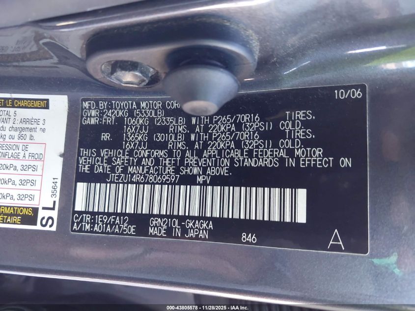 2007 Toyota 4Runner Sr5 V6 VIN: JTEZU14R678069597 Lot: 43805578