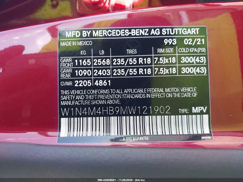 2021 Mercedes-Benz Glb 250 4Matic VIN: W1N4M4HB9MW121902 Lot: 43805581