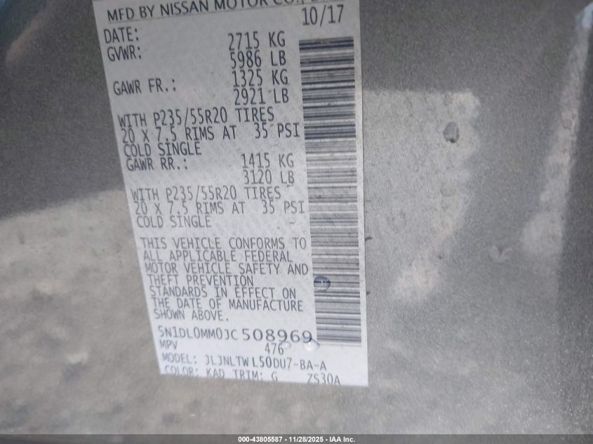 2018 Infiniti Qx60 VIN: 5N1DL0MM0JC508969 Lot: 43805587