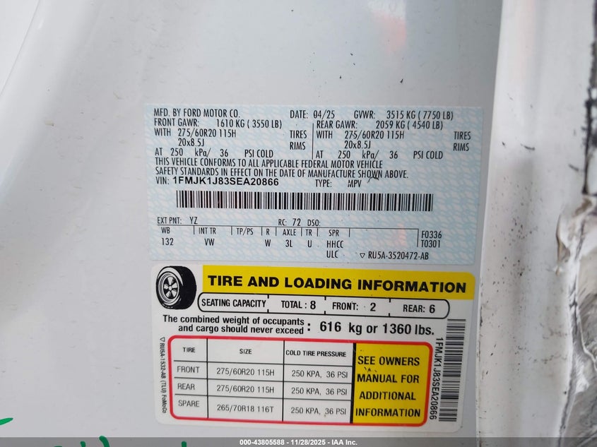 2025 Ford Expedition Active Max VIN: 1FMJK1J83SEA20866 Lot: 43805588