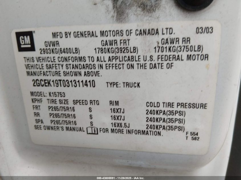 2003 Chevrolet Silverado 1500 Ls VIN: 2GCEK19T031311410 Lot: 43805591