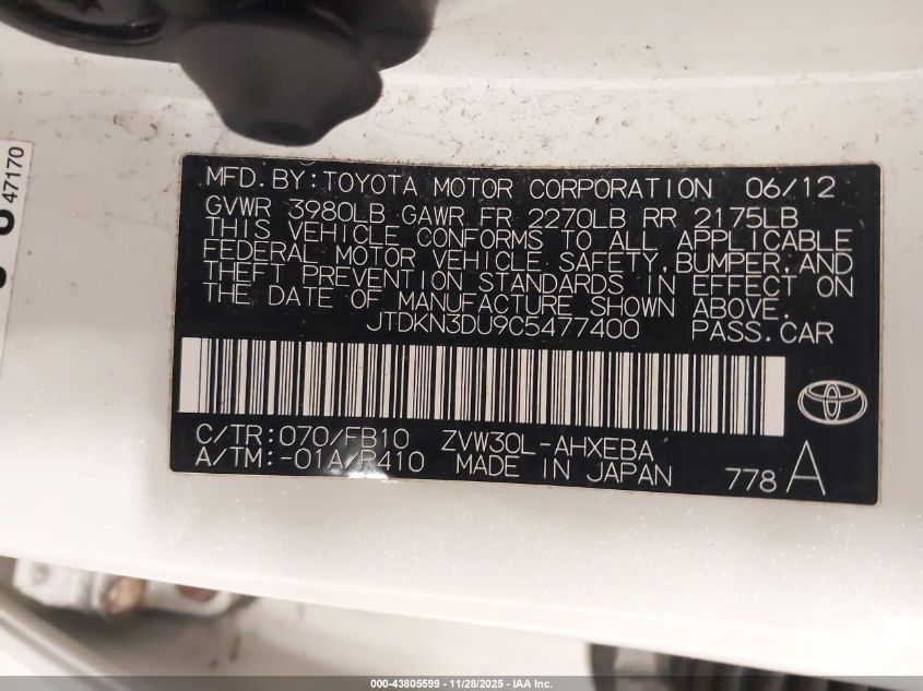 2012 Toyota Prius Two VIN: JTDKN3DU9C5477400 Lot: 43805599