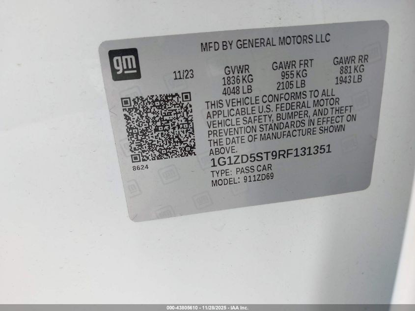 2024 Chevrolet Malibu Fwd 1Lt VIN: 1G1ZD5ST9RF131351 Lot: 43805610
