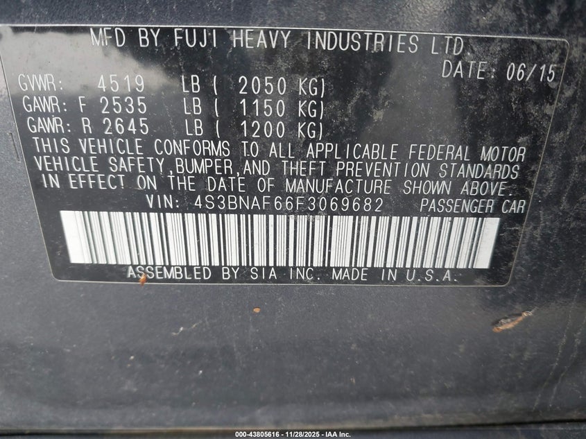 2015 Subaru Legacy 2.5I Premium VIN: 4S3BNAF66F3069682 Lot: 43805616