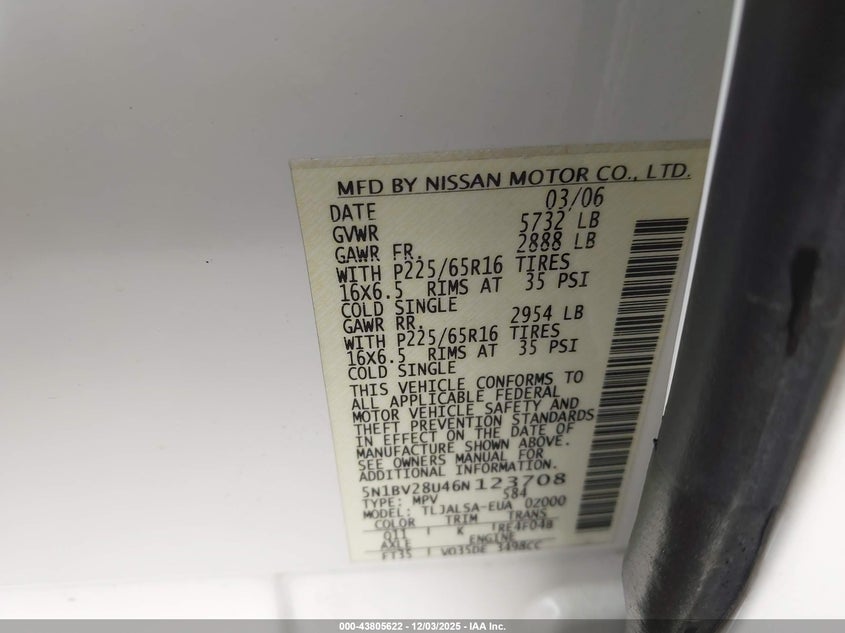 5N1BV28U46N123708 2006 NISSAN QUEST photo no. 9