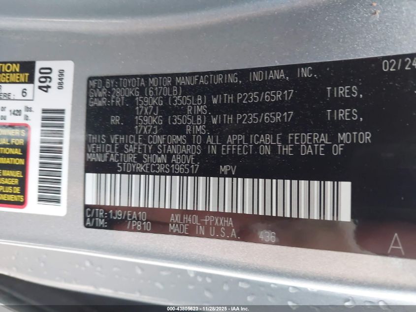 2024 Toyota Sienna Xle VIN: 5TDYRKEC3RS196517 Lot: 43805623