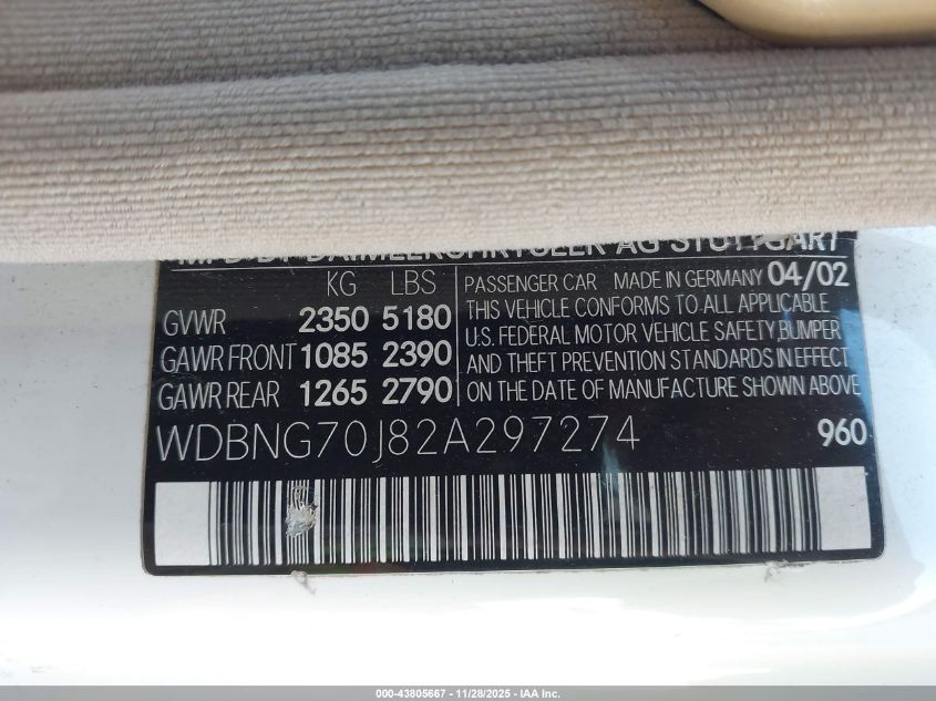 2002 Mercedes-Benz S 430 VIN: WDBNG70J82A297274 Lot: 43805667