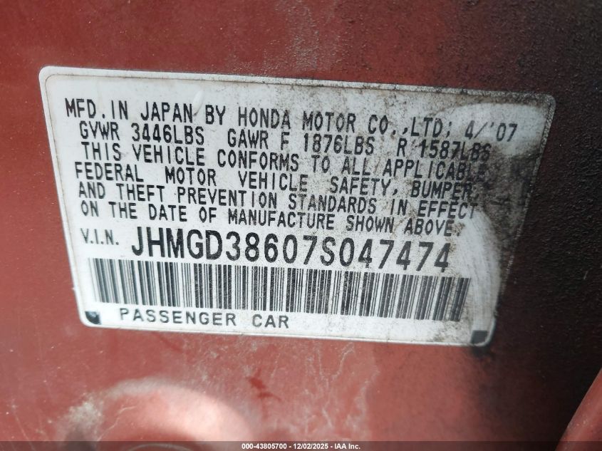 2007 Honda Fit Sport VIN: JHMGD38607S047474 Lot: 43805700