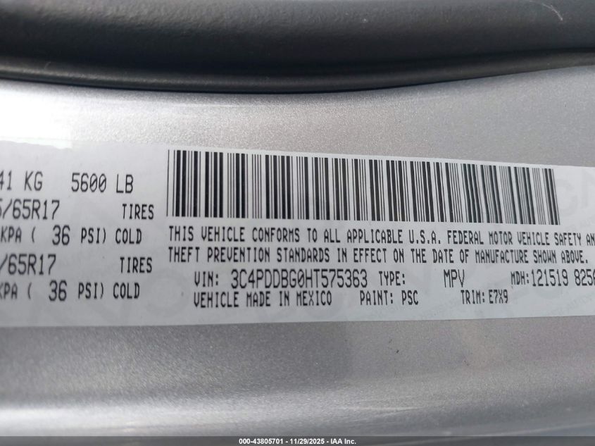 2017 Dodge Journey Sxt Awd VIN: 3C4PDDBG0HT575363 Lot: 43805701