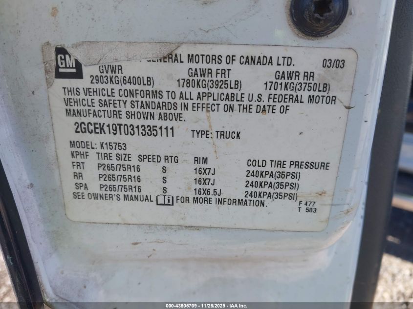 2003 Chevrolet Silverado 1500 Ls VIN: 2GCEK19T031335111 Lot: 43805709