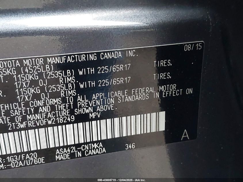 2015 Toyota Rav4 Xle VIN: 2T3WFREV0FW218249 Lot: 43805719