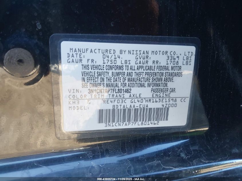 2015 Nissan Versa 1.6 S VIN: 3N1CN7AP7FL801462 Lot: 43805724