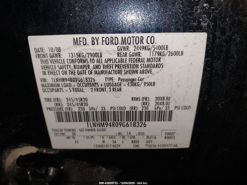 2009 Lincoln Mks VIN: 1LNHM94R09G618326 Lot: 43805732