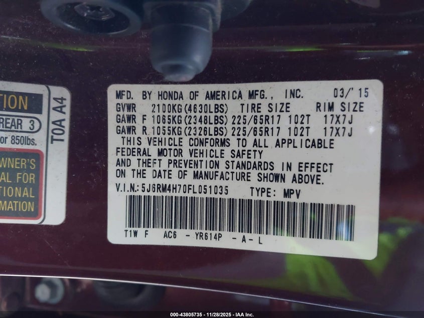 2015 Honda Cr-V Ex-L VIN: 5J6RM4H70FL051035 Lot: 43805735