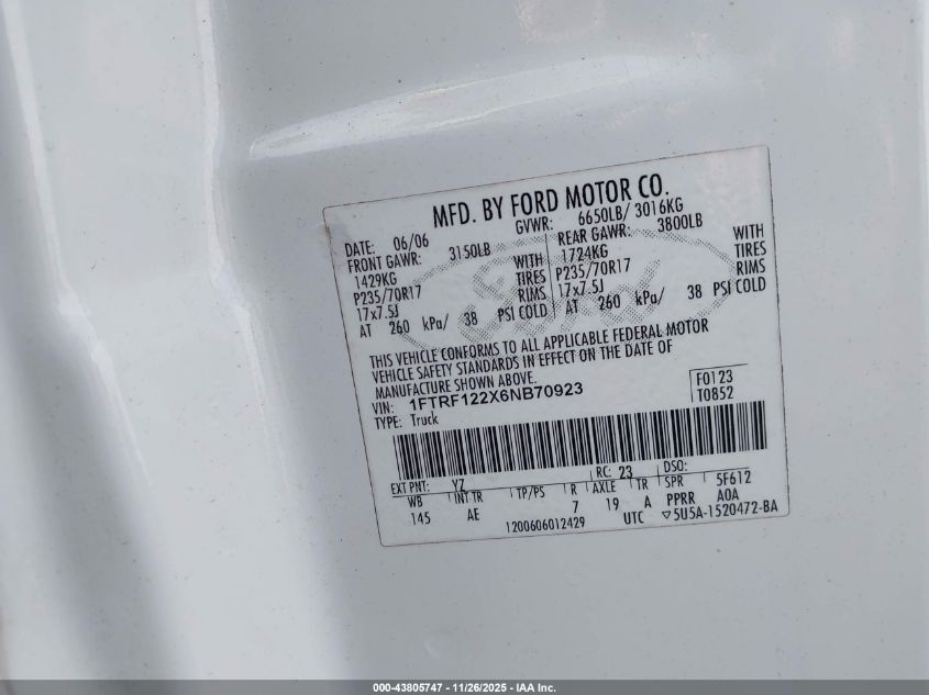 2006 Ford F-150 Stx/Xl/Xlt VIN: 1FTRF122X6NB70923 Lot: 43805747