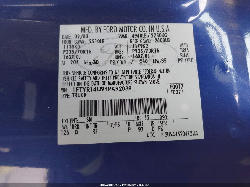 2004 Ford Ranger Edge/Tremor/Xl/Xlt VIN: 1FTYR14U94PA92038 Lot: 43805755