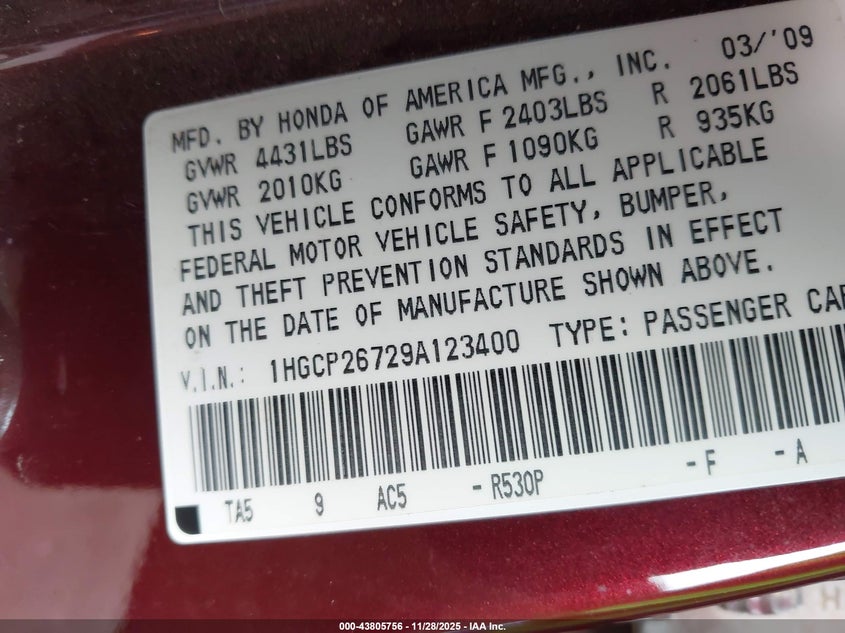2009 Honda Accord 2.4 Ex VIN: 1HGCP26729A123400 Lot: 43805756