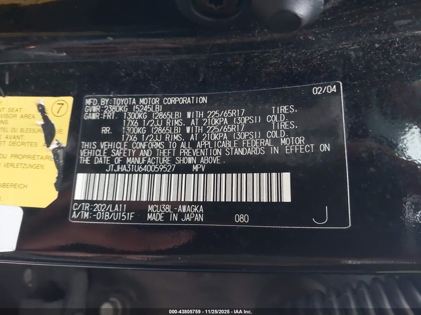 2004 Lexus Rx 330 VIN: JTJHA31U640059527 Lot: 43805759