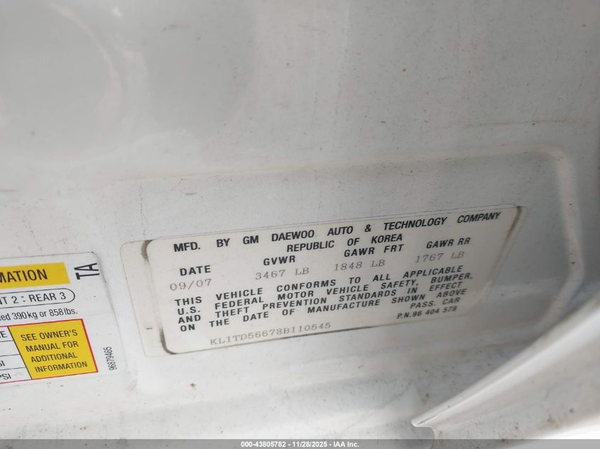 2008 Chevrolet Aveo Ls VIN: KL1TD56678B110545 Lot: 43805782