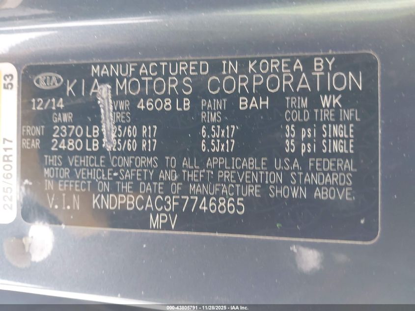 2015 Kia Sportage Lx VIN: KNDPBCAC3F7746865 Lot: 43805791