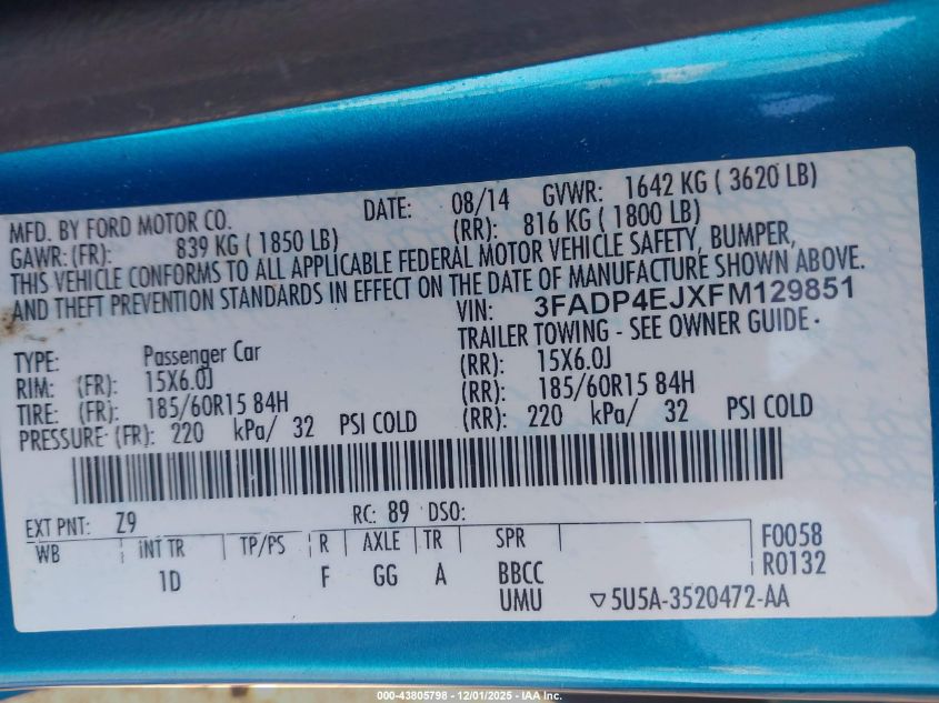 2015 Ford Fiesta Se VIN: 3FADP4EJXFM129851 Lot: 43805798