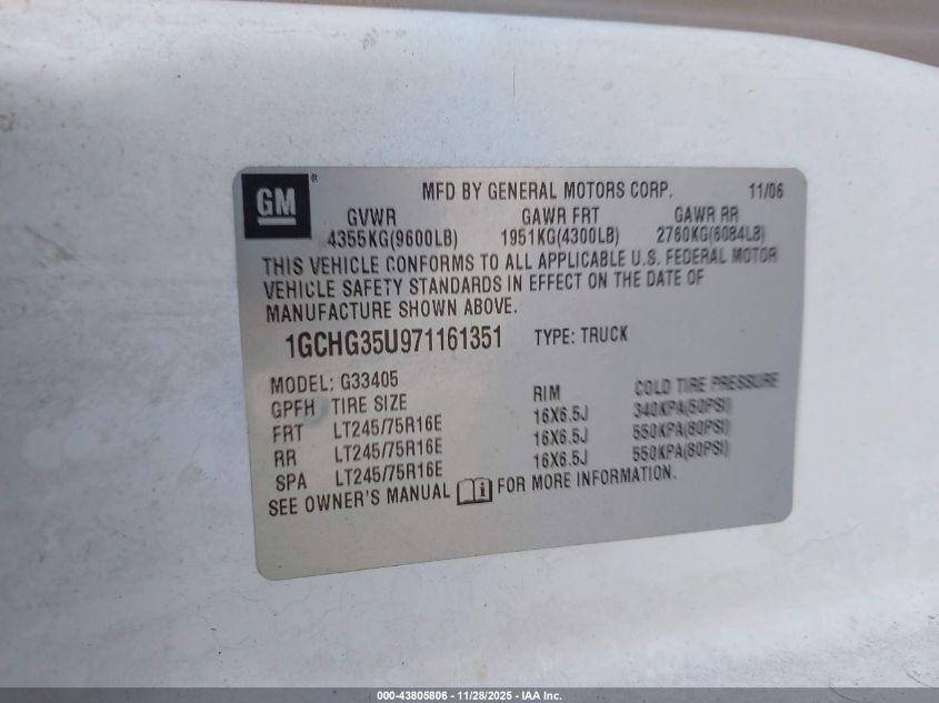 2007 Chevrolet Express Work Van VIN: 1GCHG35U971161351 Lot: 43805806