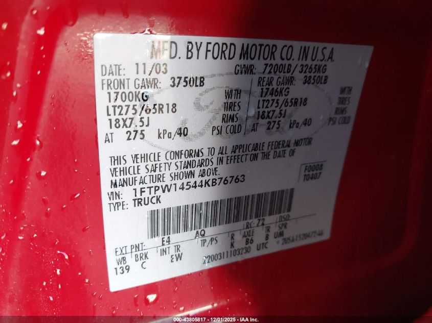 2004 Ford F-150 Fx4/Lariat/Xlt VIN: 1FTPW14544KB76763 Lot: 43805817
