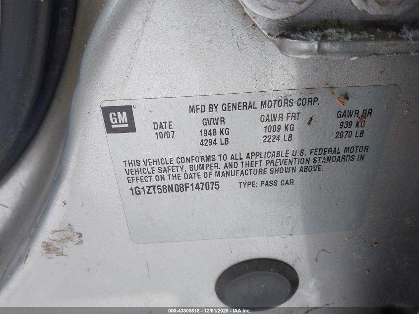 2008 Chevrolet Malibu Classic Lt VIN: 1G1ZT58N08F147075 Lot: 43805818