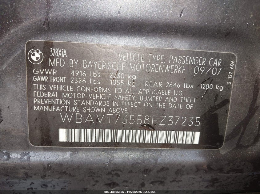 2008 BMW 328Xi VIN: WBAVT73558FZ37235 Lot: 43805825