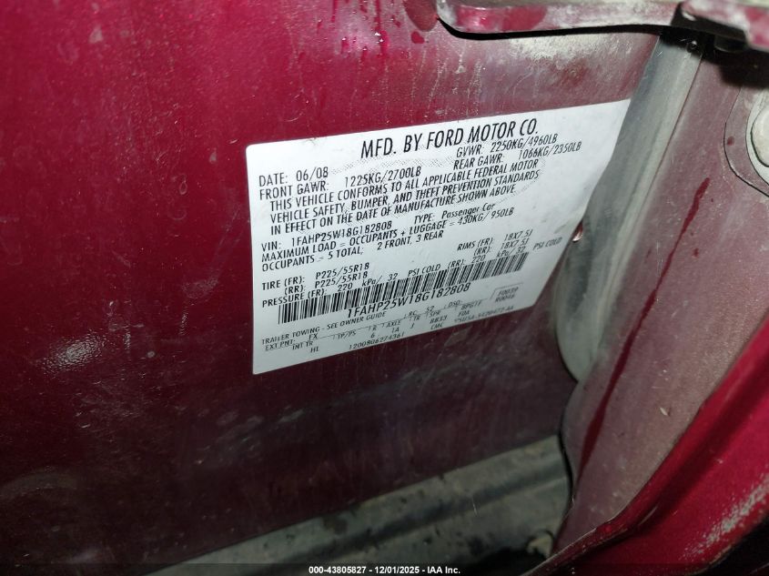 2008 Ford Taurus Limited VIN: 1FAHP25W18G182808 Lot: 43805827