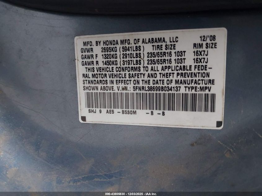 2009 Honda Odyssey Ex-L VIN: 5FNRL38699B034137 Lot: 43805830