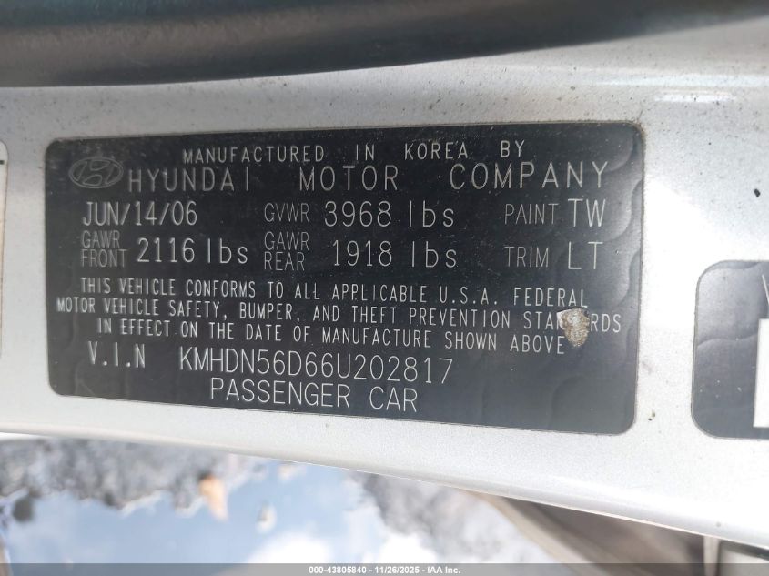2006 Hyundai Elantra Gls/Gt VIN: KMHDN56D66U202817 Lot: 43805840