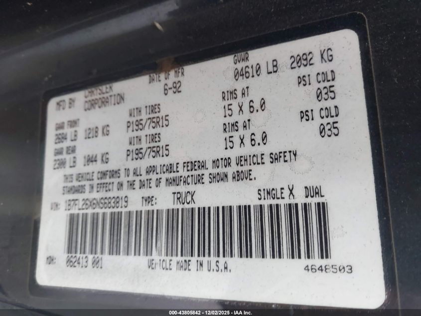 1992 Dodge Dakota VIN: 1B7FL26X6NS683819 Lot: 43805842