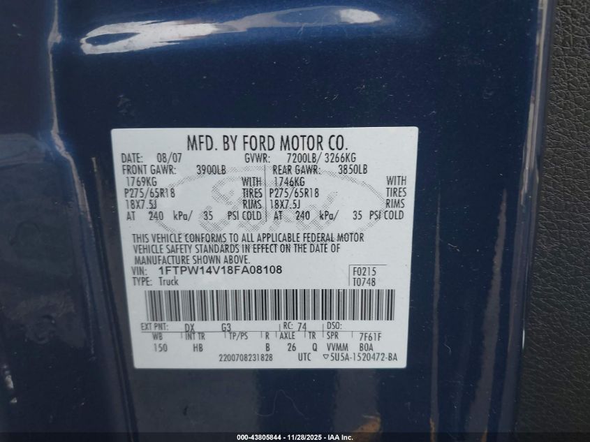 2008 Ford F-150 60Th Anniversary/Fx4/King Ranch/Lariat/Xlt VIN: 1FTPW14V18FA08108 Lot: 43805844