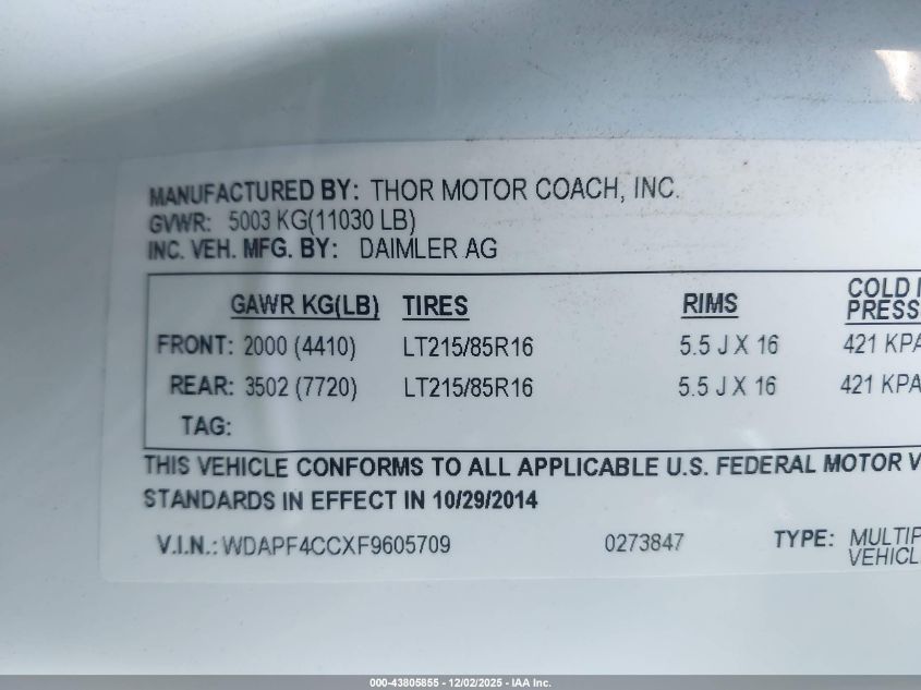 2015 Mercedes-Benz Sprinter 3500 VIN: WDAPF4CCXF9605709 Lot: 43805855