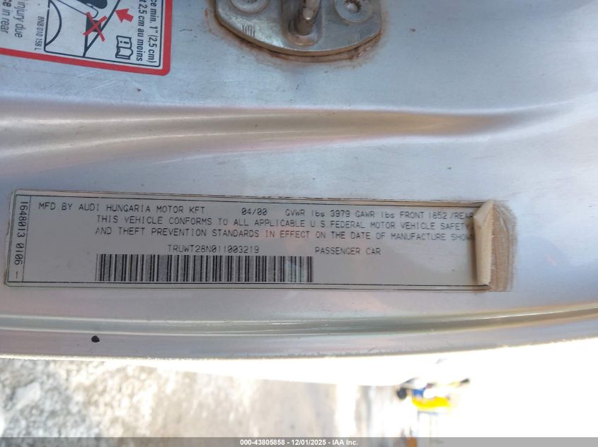 2001 Audi Tt VIN: TRUWT28N011003219 Lot: 43805858
