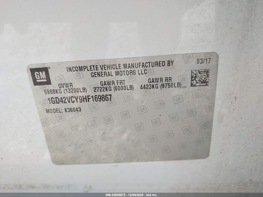 2017 GMC Sierra 3500Hd Chassis VIN: 1GD42VCY9HF169867 Lot: 43805875