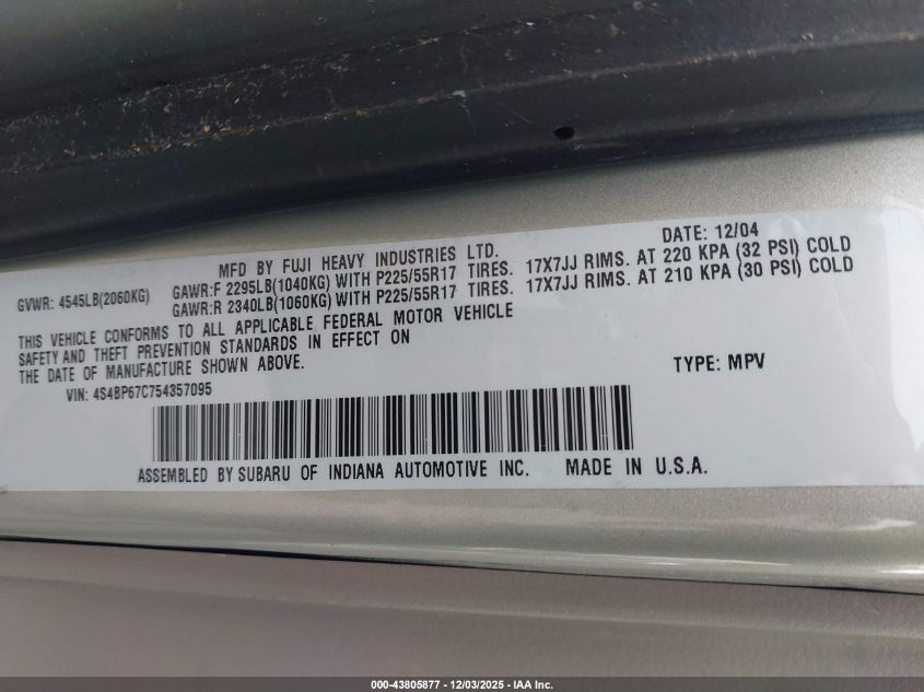 2005 Subaru Outback 2.5Xt Limited VIN: 4S4BP67C754357095 Lot: 43805877