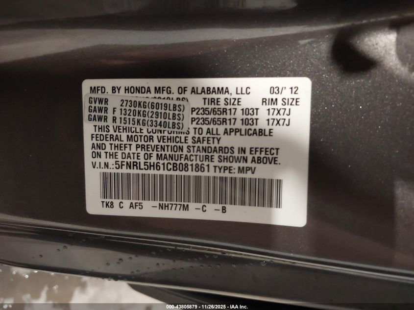 2012 Honda Odyssey Ex-L VIN: 5FNRL5H61CB081861 Lot: 43805879