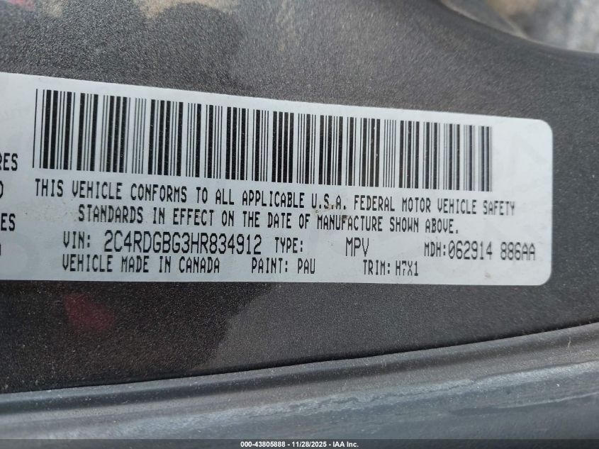 2017 Dodge Grand Caravan Se VIN: 2C4RDGBG3HR834912 Lot: 43805888