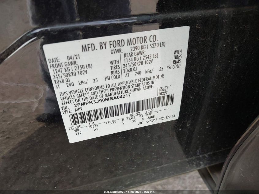 2021 Ford Edge St-Line VIN: 2FMPK3J90MBA04217 Lot: 43805897