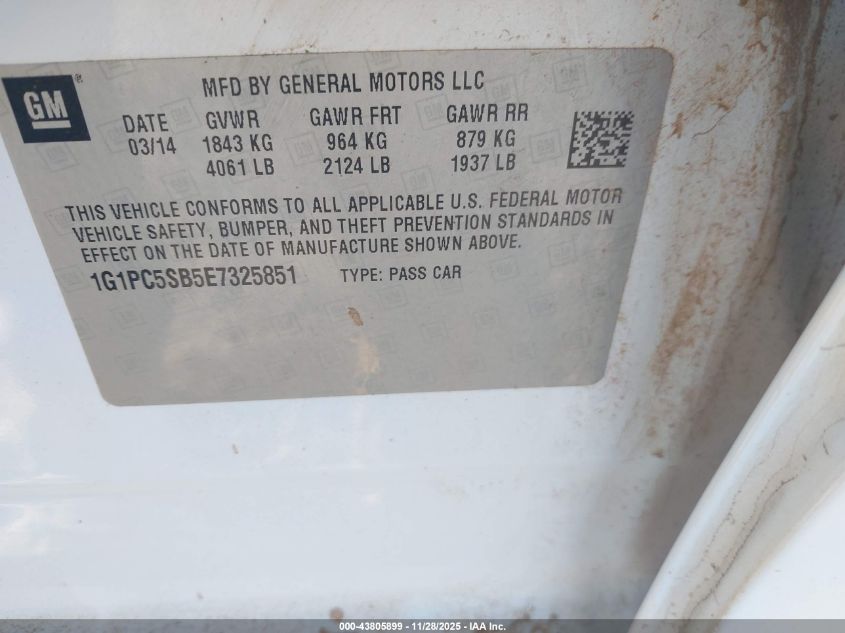 2014 Chevrolet Cruze 1Lt Auto VIN: 1G1PC5SB5E7325851 Lot: 43805899